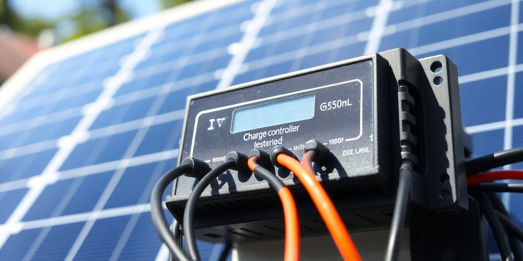 Solar charge controller with wires and solar panel.