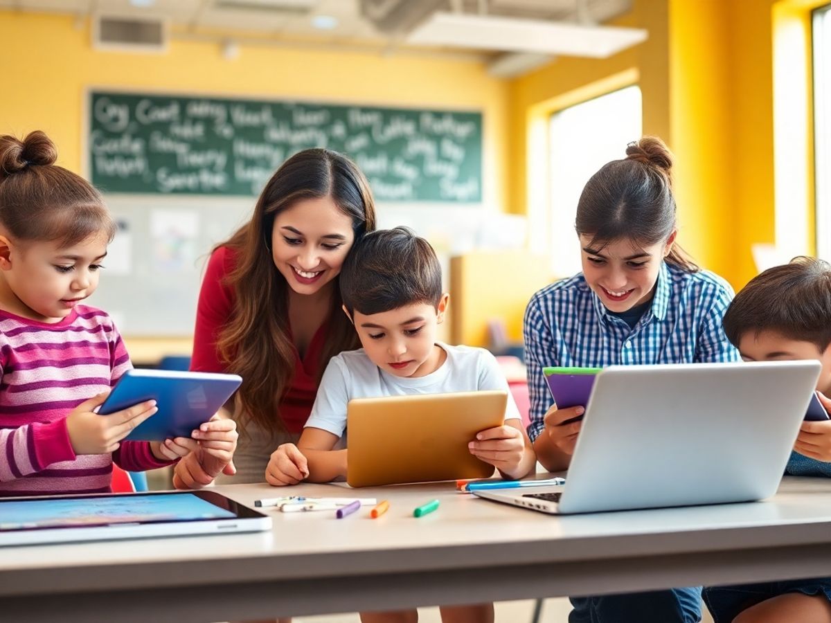 Copii folosind tehnologii digitale în clasă.