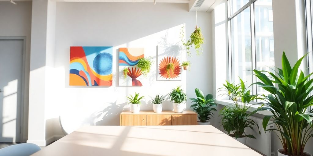 Modern office wall with plants and colorful artwork.