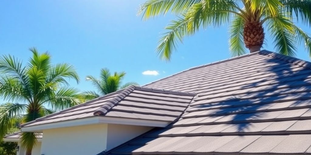 New residential roof in Florida under bright sun with palm trees.