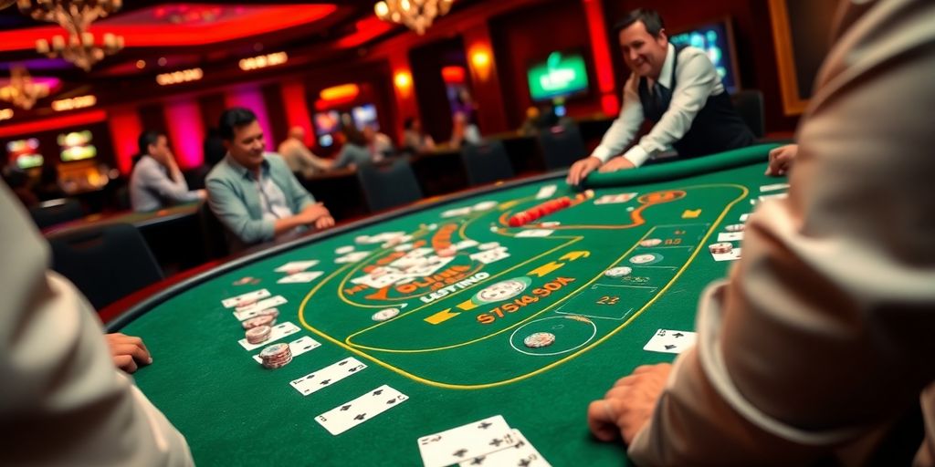 Blackjack table with cards and chips in a casino.