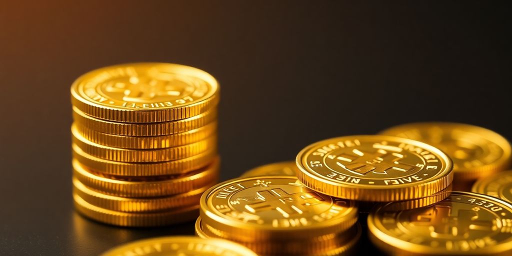 深色表面上闪闪发光的金币。