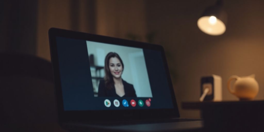 Close-up of a laptop with video call interface.