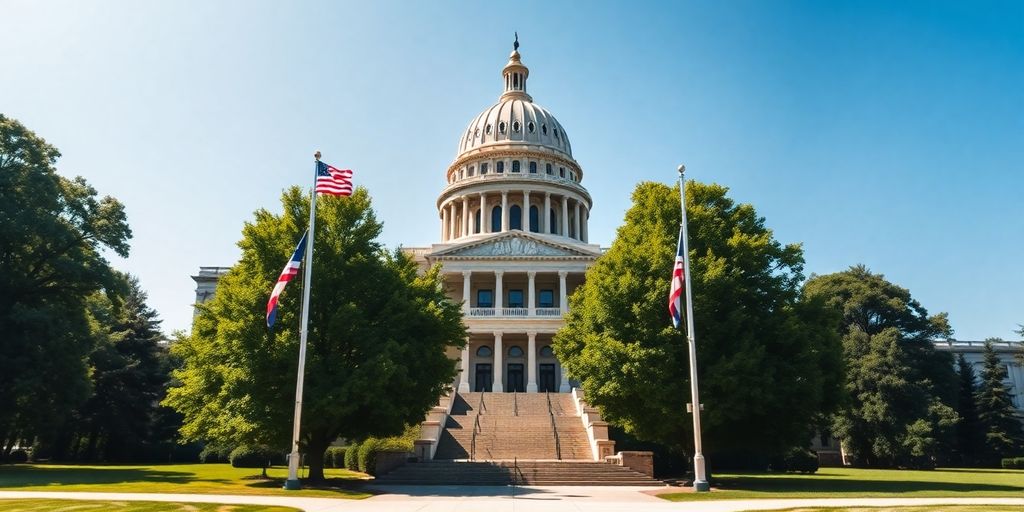 Dome, flags, capitol building.