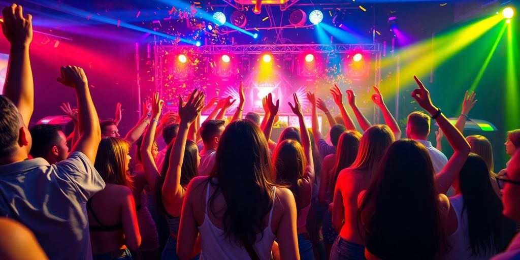 Group of friends dancing at a lively party celebration.