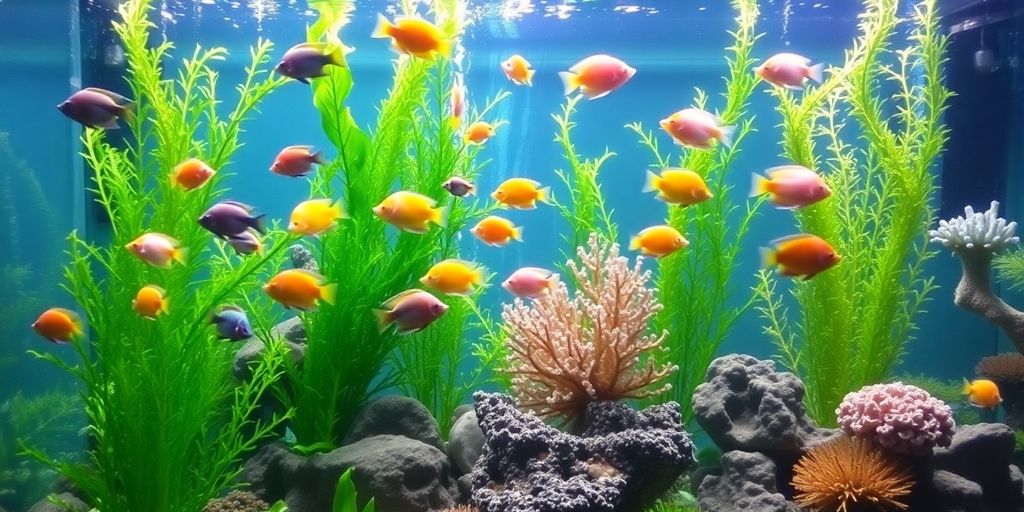 Makukulay na isda sa isang luntiang aquarium na may mga halaman.