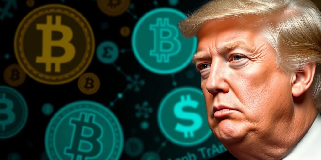 Trump e simboli delle criptovalute in uno sfondo digitale.