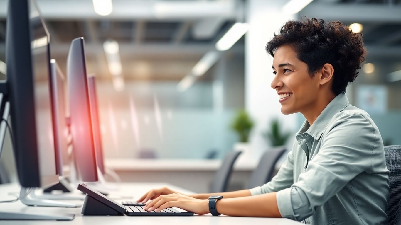 Office worker using computer with voice AI waves.