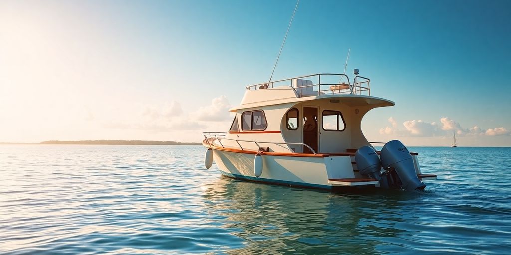 Serene boat Airbnb docked in calm Florida waters.
