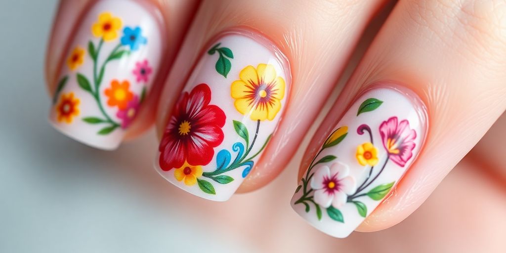 Unhas decoradas com florzinhas delicadas e coloridas.