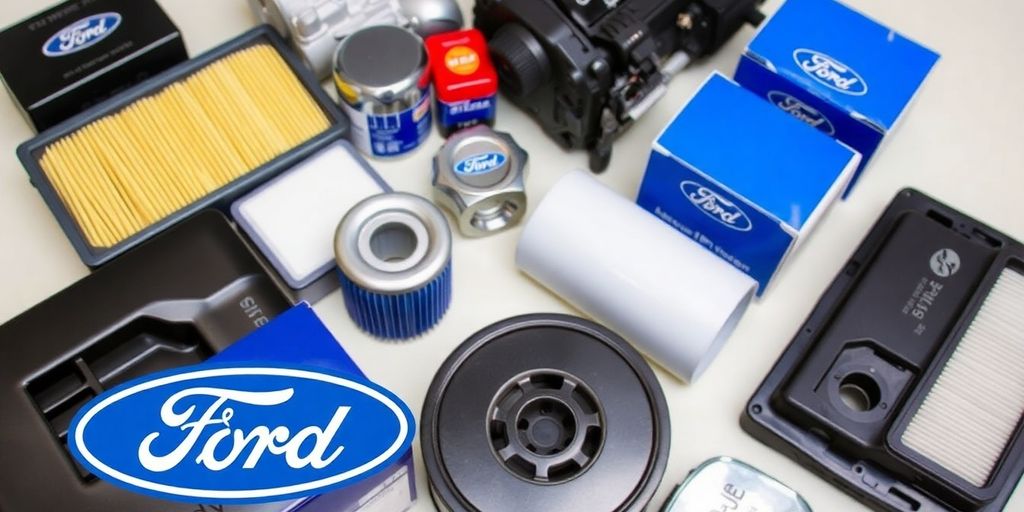 Ford car parts arranged neatly.