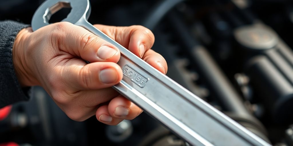 Mechanic's hands holding a wrench