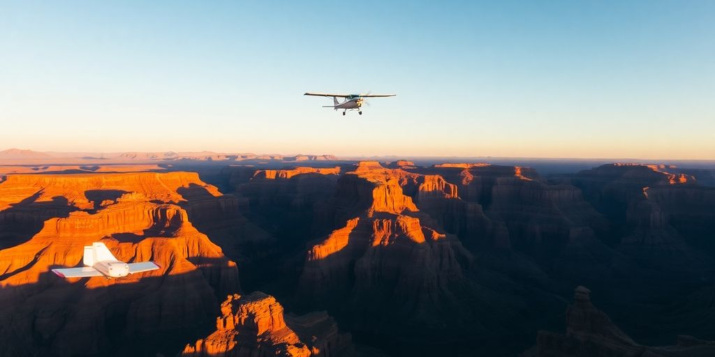 A small airplane flies over vast red rock canyons.