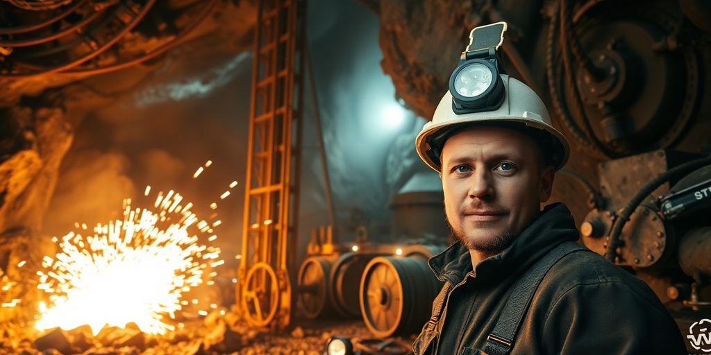 Mineur travaillant, entouré d'équipement lourd et d'argent brut.