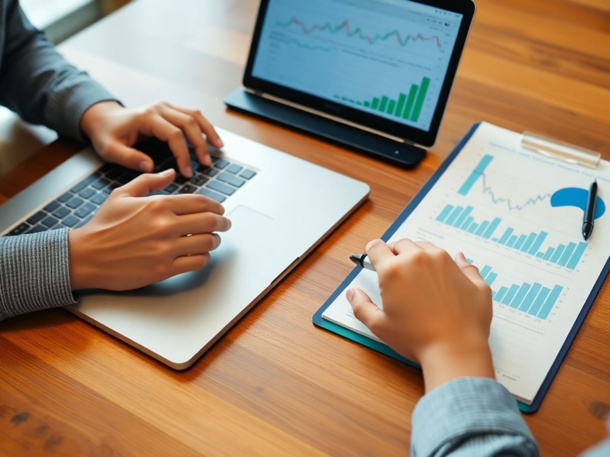 Pessoa analisando opções de investimento com laptop e caderno.