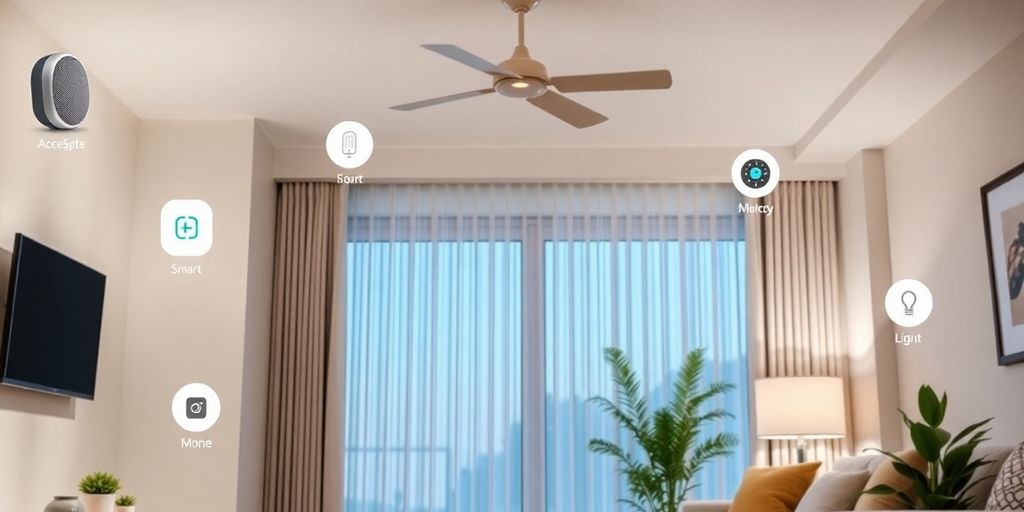 Smart home devices in a modern living room setting.