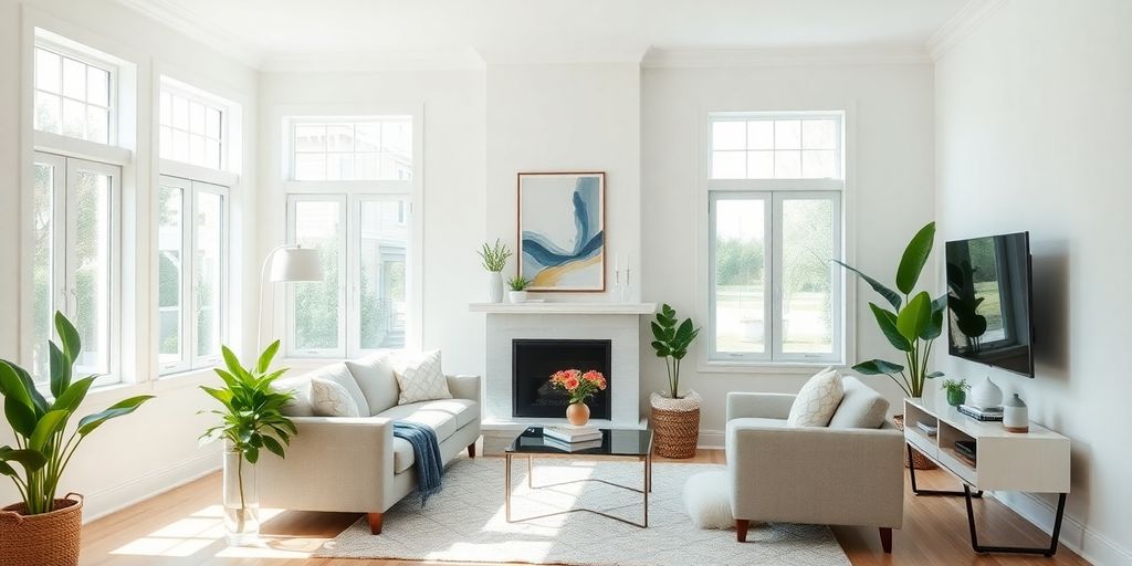 Modern renovated living room with stylish decor and plants.