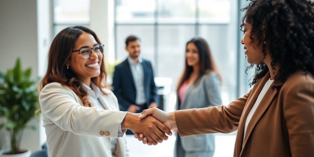 Two business people shaking hands, one in marketing, one in sales.