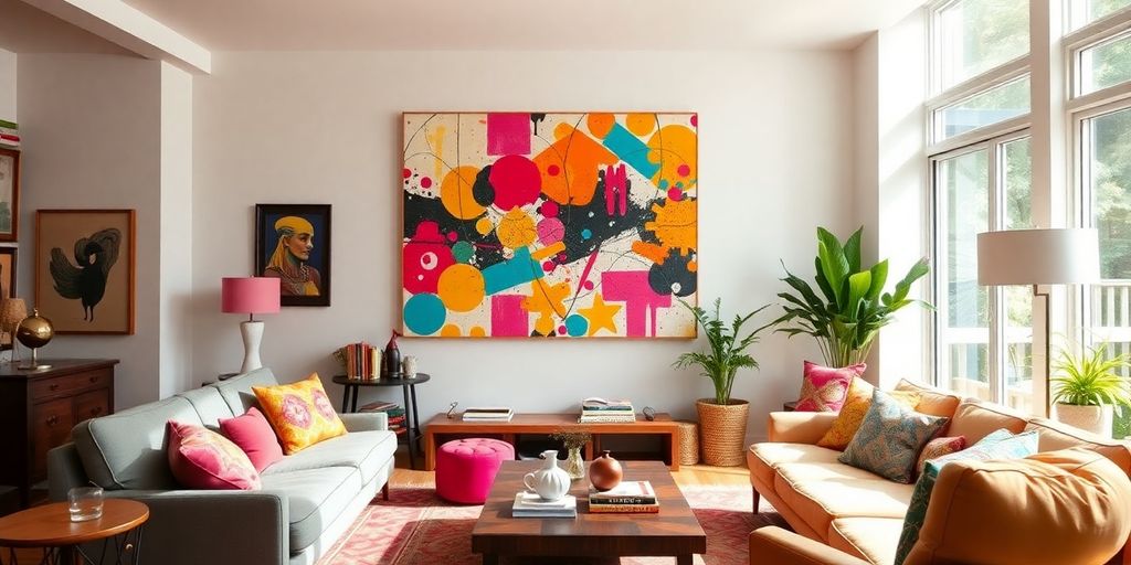 Colorful abstract art piece in a stylish living room.