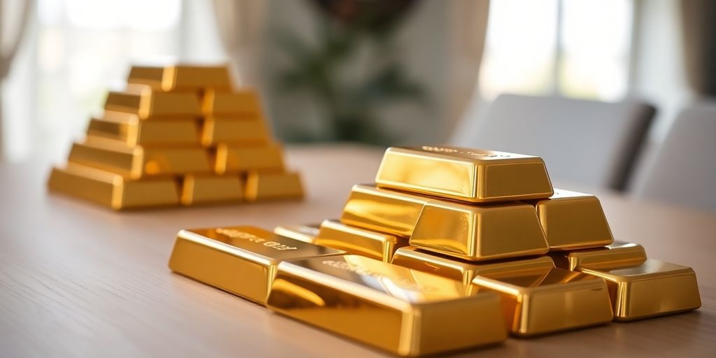 Lingots d'or empilés sur une table en bois clair.