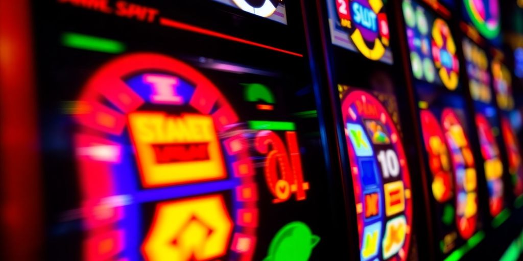 Spinning slot machine reels with bright, colorful symbols.