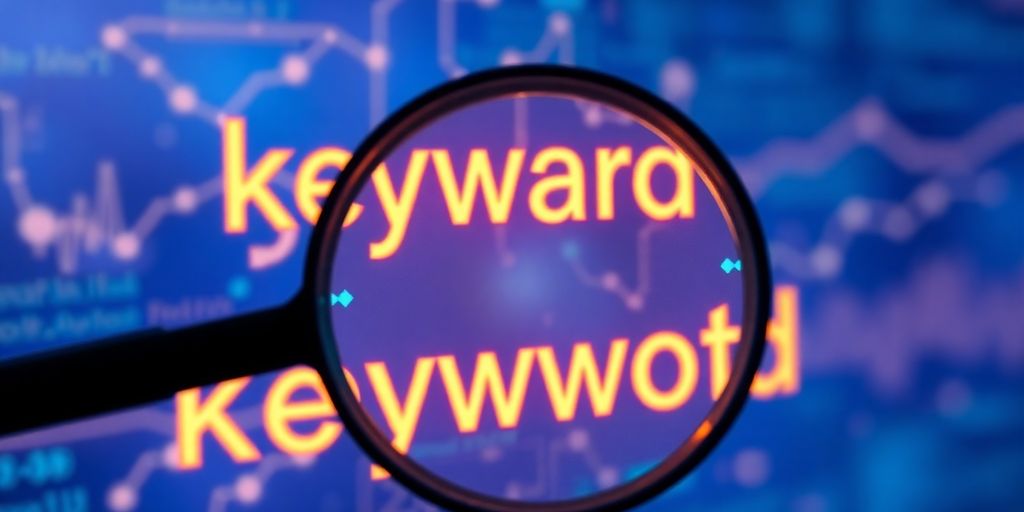 Magnifying glass over glowing keywords, digital data.