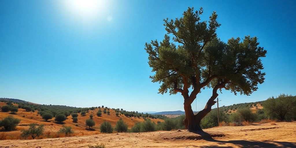 Paysage rural tunisien, oliveraies, colline rocheuse, ciel bleu clair.