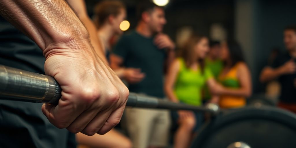 Weightlifter gripping barbell with blurred social background.