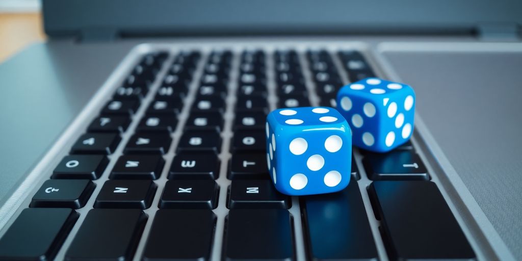 Blue dice on a laptop keyboard