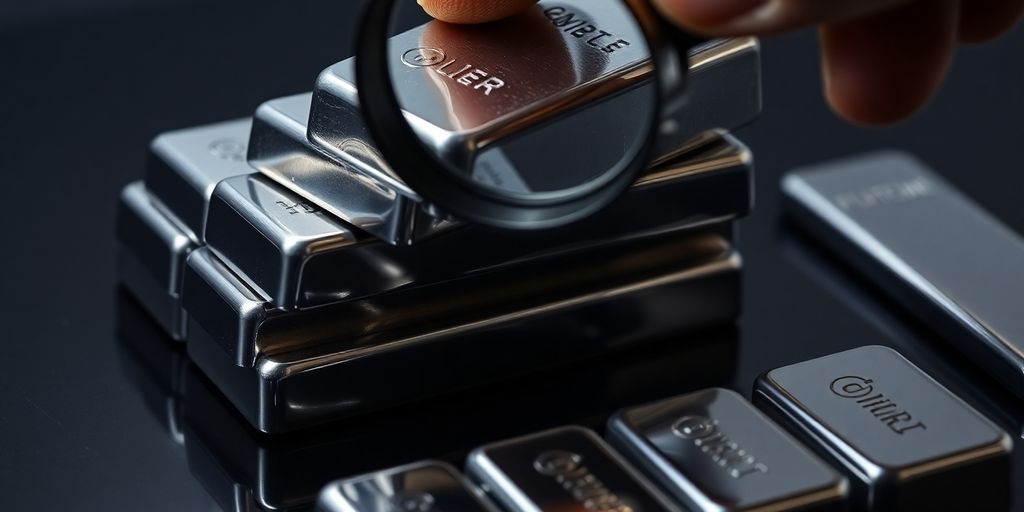 Lingots d'argent empilés, main tenant une loupe