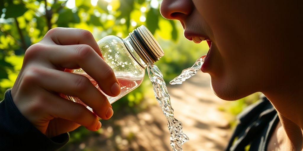 Hiker drinks water on sun-drenched trail.