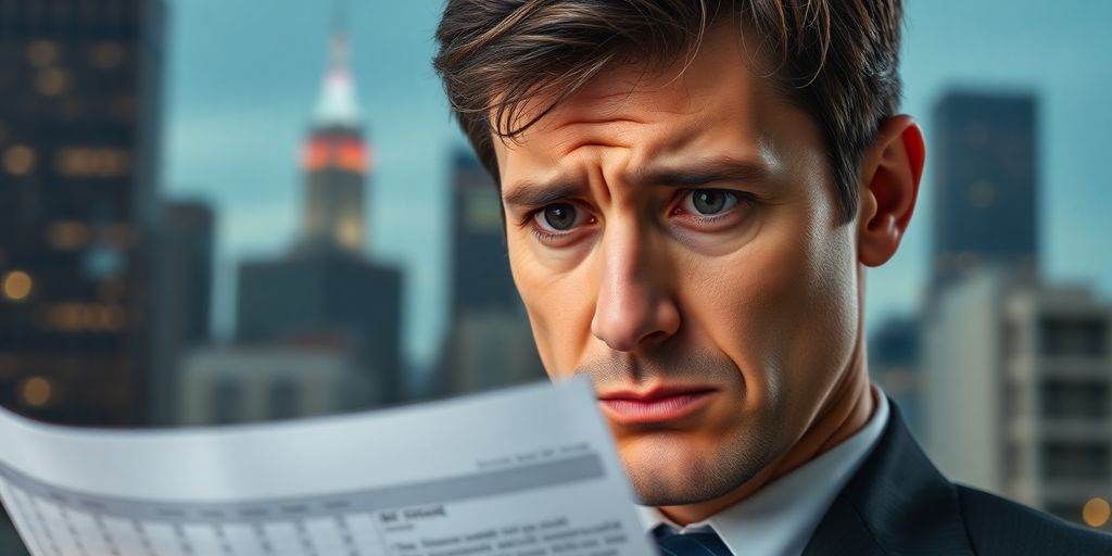 Concerned professional looking at financial reports in office.