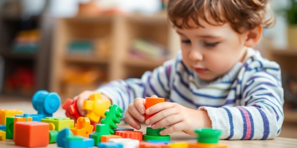 Barn leker med färgstarka pedagogiska leksaker.