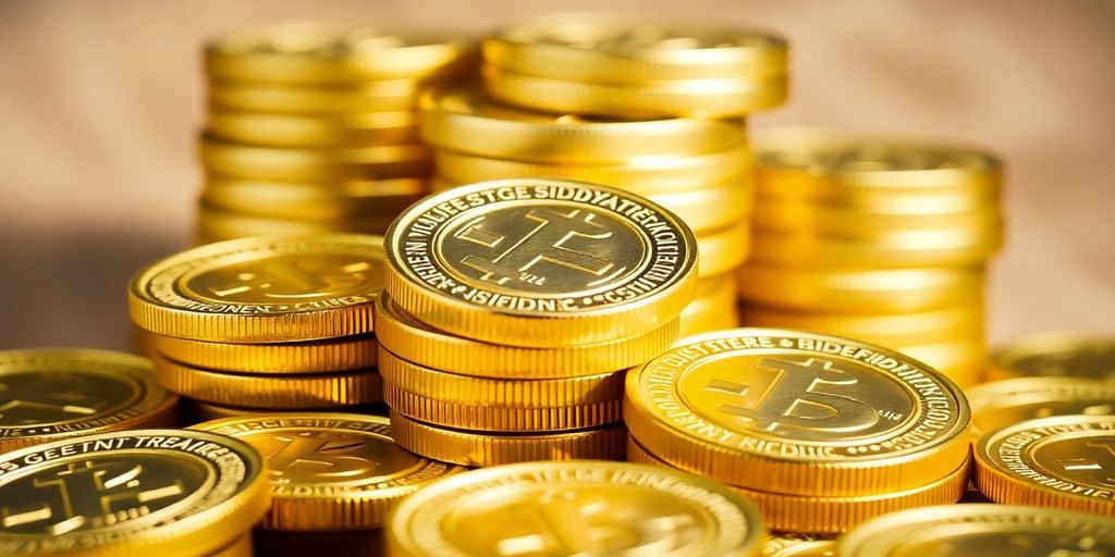 Coins d'or brillants empilés sur fond flou.
