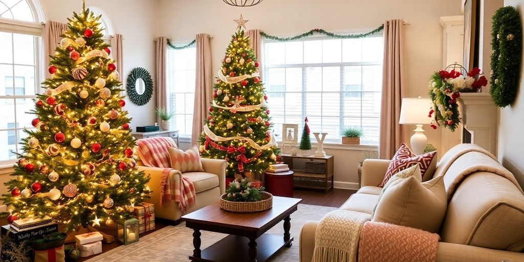 Festively decorated living room with Christmas tree and ornaments.