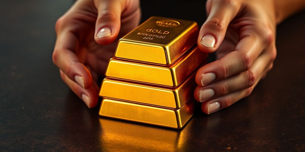 Lingots d'or empilés et mains protectrices