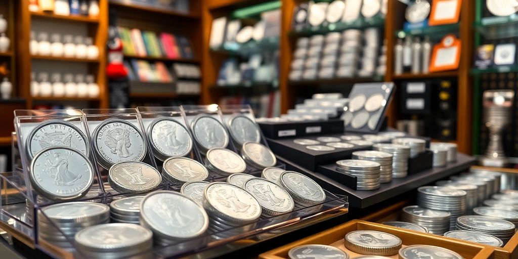 Diverse pièces d'argent en boutique, expérience d'achat tactile.