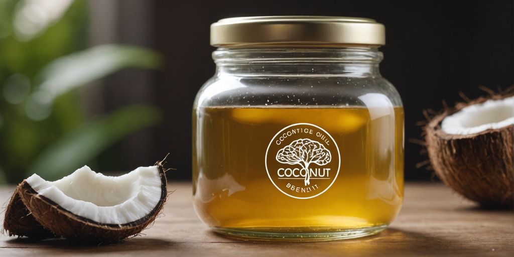 Coconut oil jar and brain icon for cognitive health.