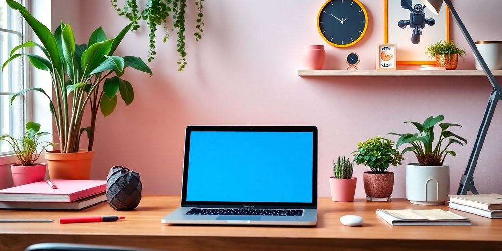 Modern workspace with laptop and plants for web design.
