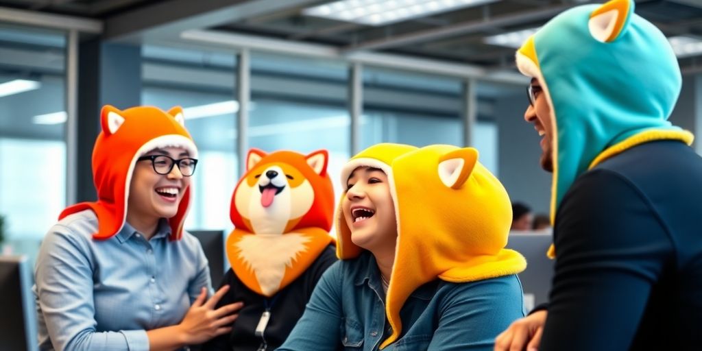Employees wearing colorful Dogecoin meme hats in an office.