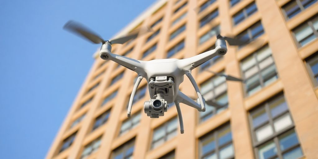 Drone inspectant la façade d'un bâtiment.
