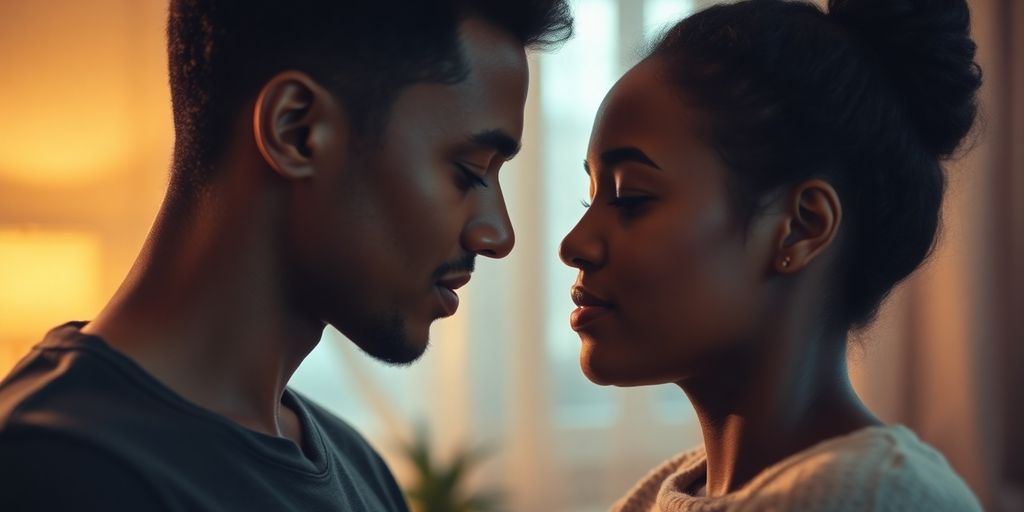 Couple embracing, soft lighting, serene atmosphere.