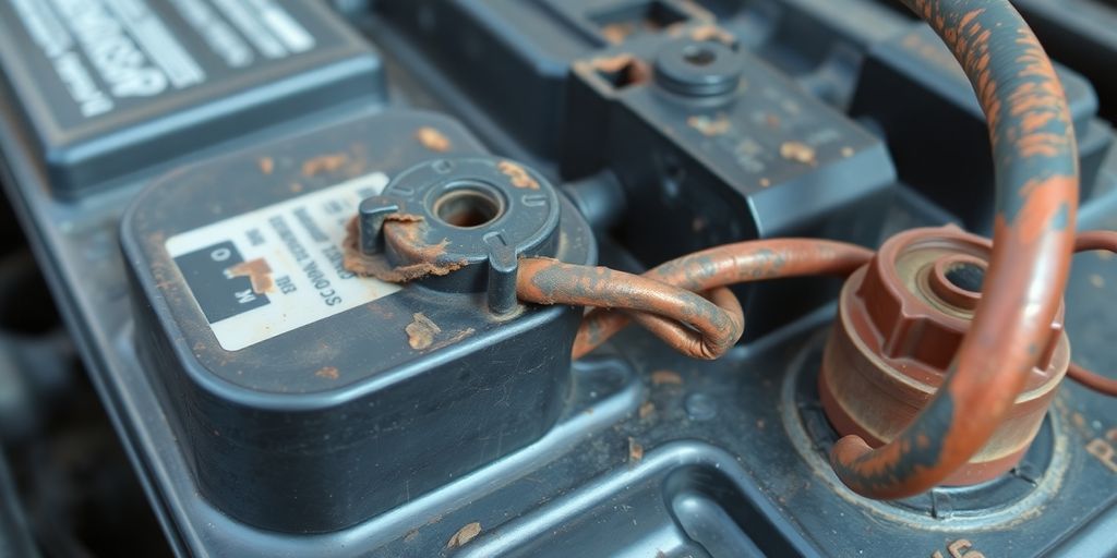 Car battery with corrosion and frayed wires.