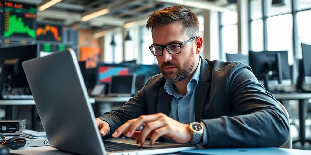 Trader analyzing options on a laptop in an office.