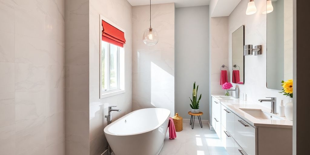 Modern bathroom with elegant fixtures and stylish decor.