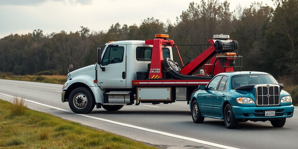 Tow truck assisting a broken-down vehicle on the roadside.