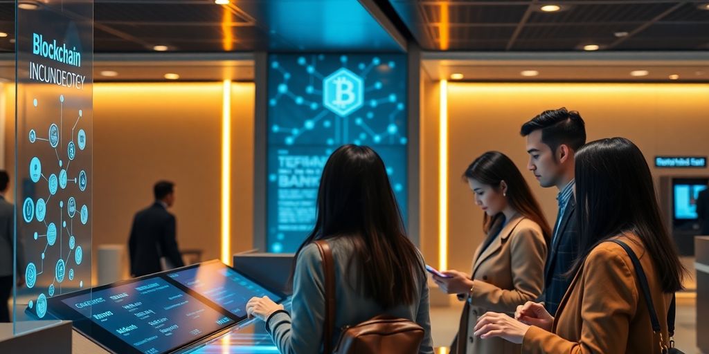 Diverse people using digital technology in a modern bank.