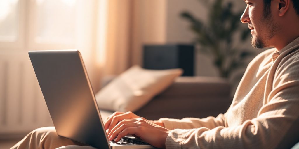 Mulher sorrindo trabalhando em laptop na praia.
