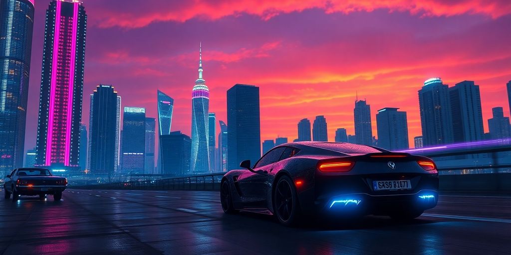 Neon grid road leading to glowing sunset.