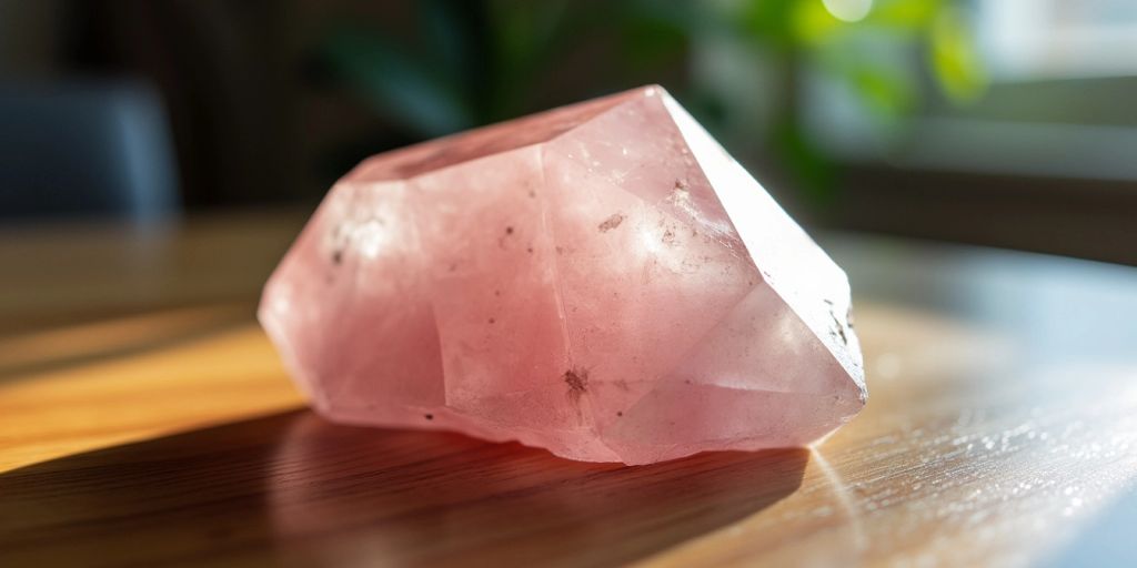 Cristallo di quarzo rosa su tavolo di legno